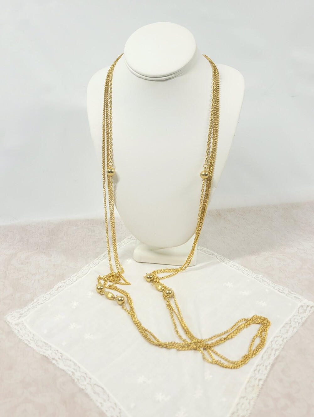 Triple Strand Gold Tone Opera Length Beaded Chain Necklace 52"